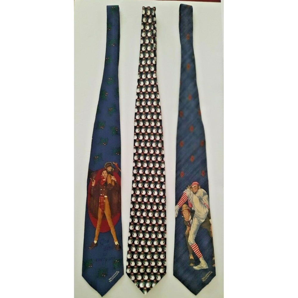Norman Rockwell Men's Ties Christmas‎ Golf Pre-owned Lot of Three Addiction Silk